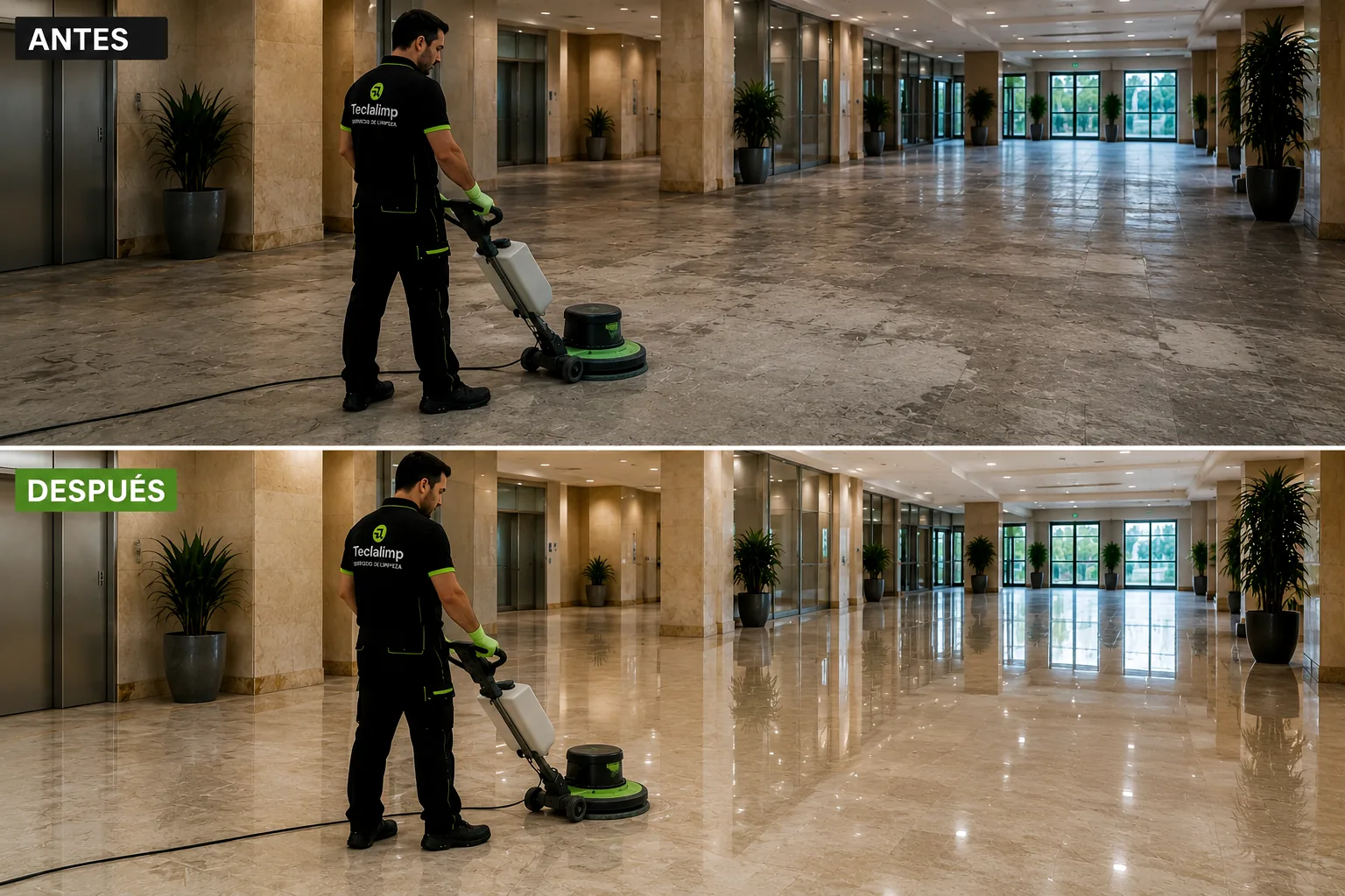 Comparativa antes y después de un abrillantado de suelo de mármol realizado por Teclalimp en Barcelona