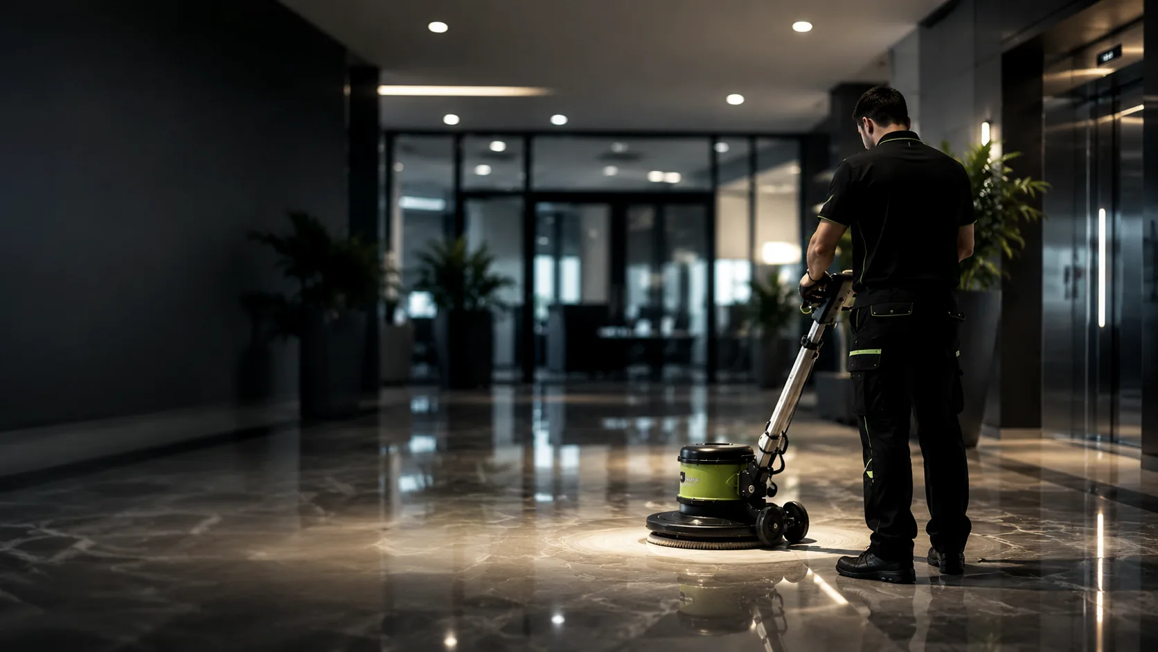 Profesional de Teclalimp abrillantando el suelo de mármol de un hall en Barcelona