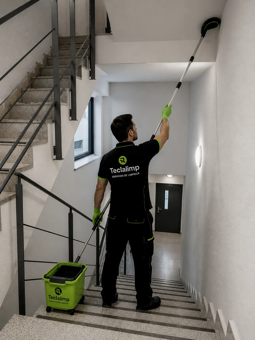 Personal de Teclalimp limpiando la escalera de acceso a un parking en Barcelona