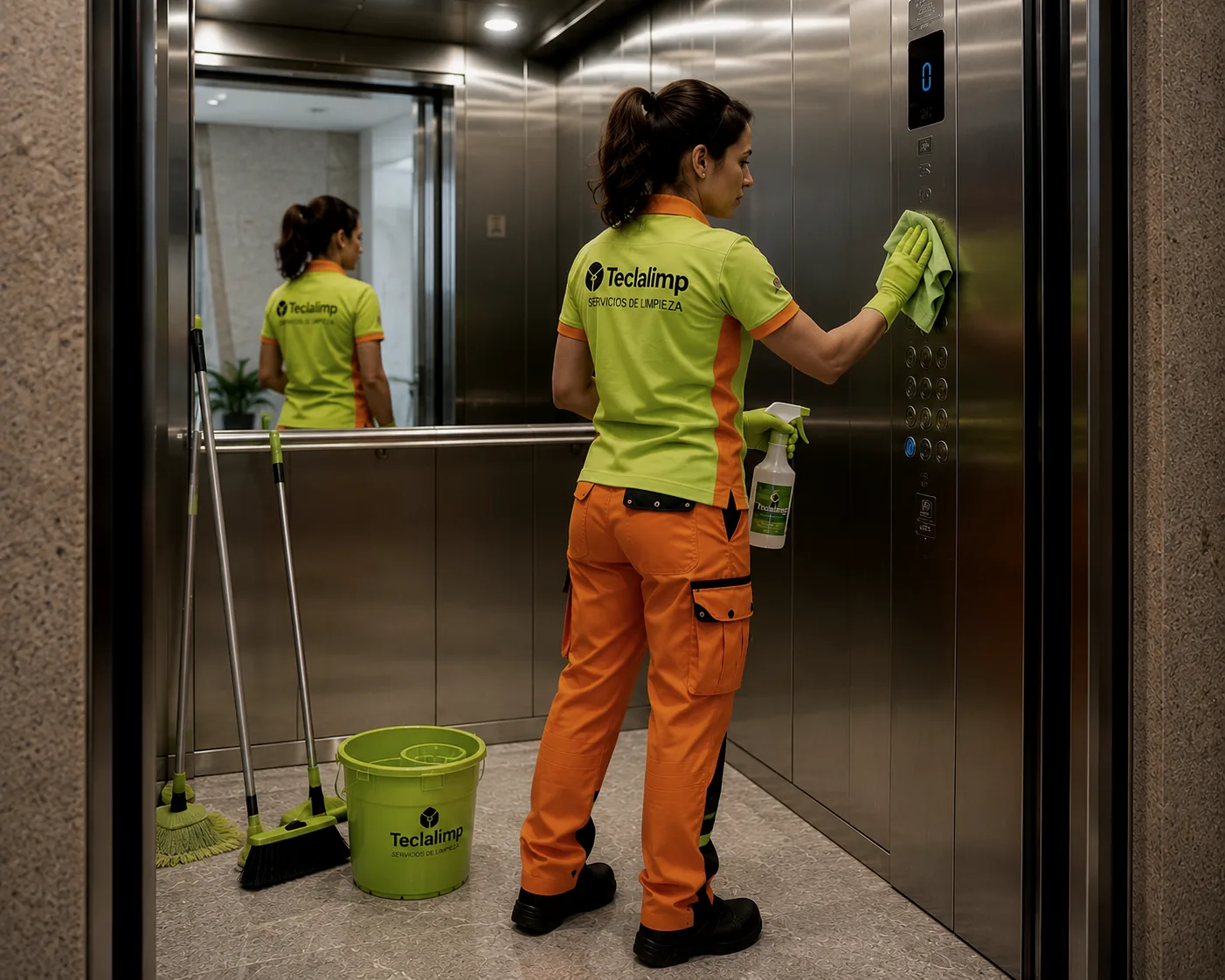 Personal de Teclalimp limpiando y desinfectando el ascensor de una comunidad en Barcelona