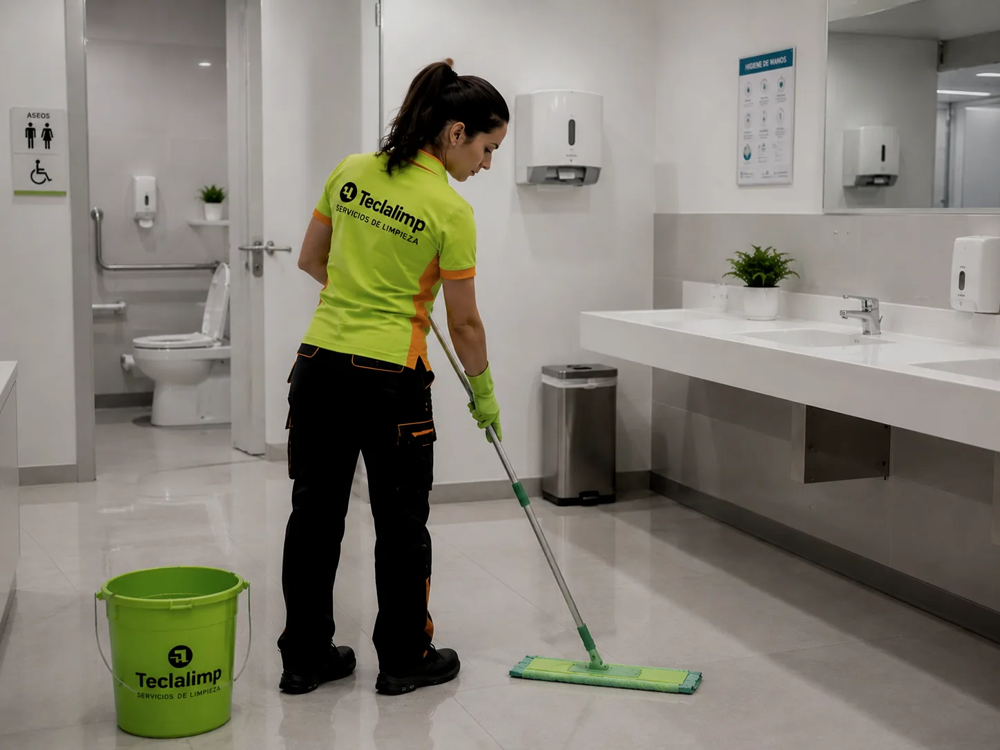 Personal de Teclalimp limpiando los aseos adaptados de un centro sanitario en Barcelona