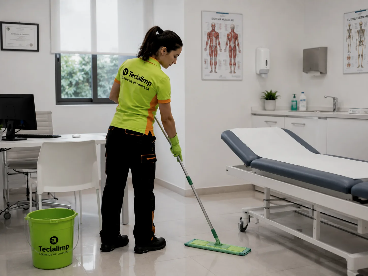 Profesional de Teclalimp limpiando el suelo de una consulta médica en Barcelona