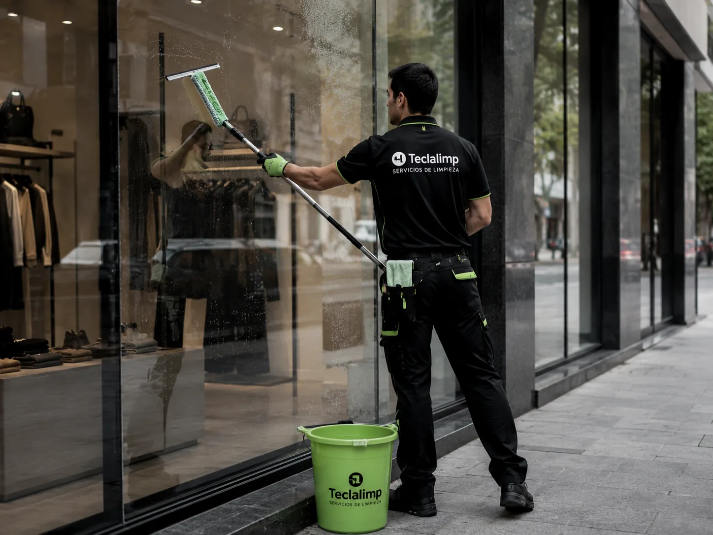 Profesional de Teclalimp limpiando el escaparate de un local en Barcelona