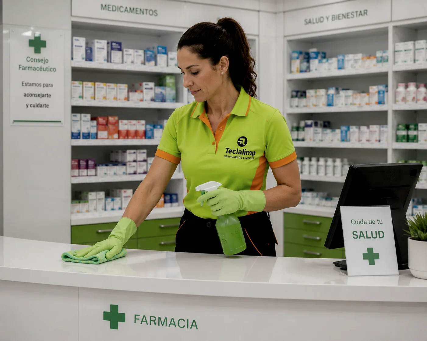 Personal de Teclalimp limpiando el mostrador de una farmacia en Barcelona