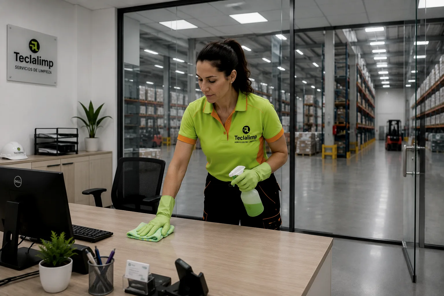 Profesional de Teclalimp limpiando la oficina administrativa de una nave industrial
