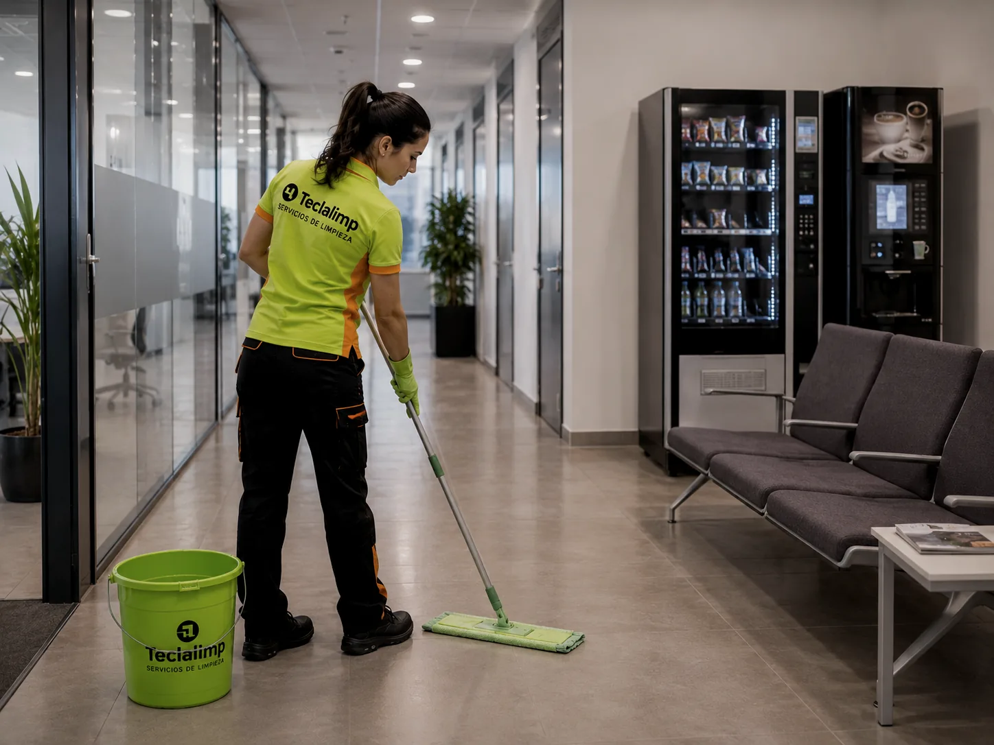 Profesional de Teclalimp fregando el pasillo de una zona de office en una oficina de Barcelona
