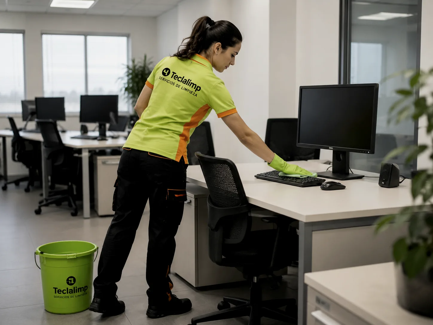 Personal de Teclalimp desinfectando un puesto de trabajo y periféricos en una oficina