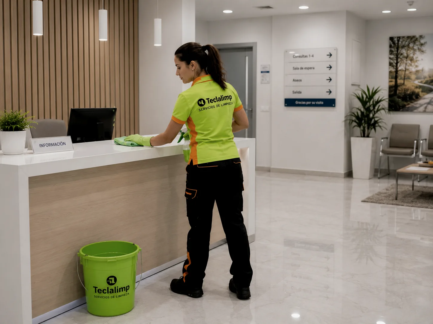 Personal de Teclalimp limpiando el mostrador de recepción de un centro sanitario en Barcelona
