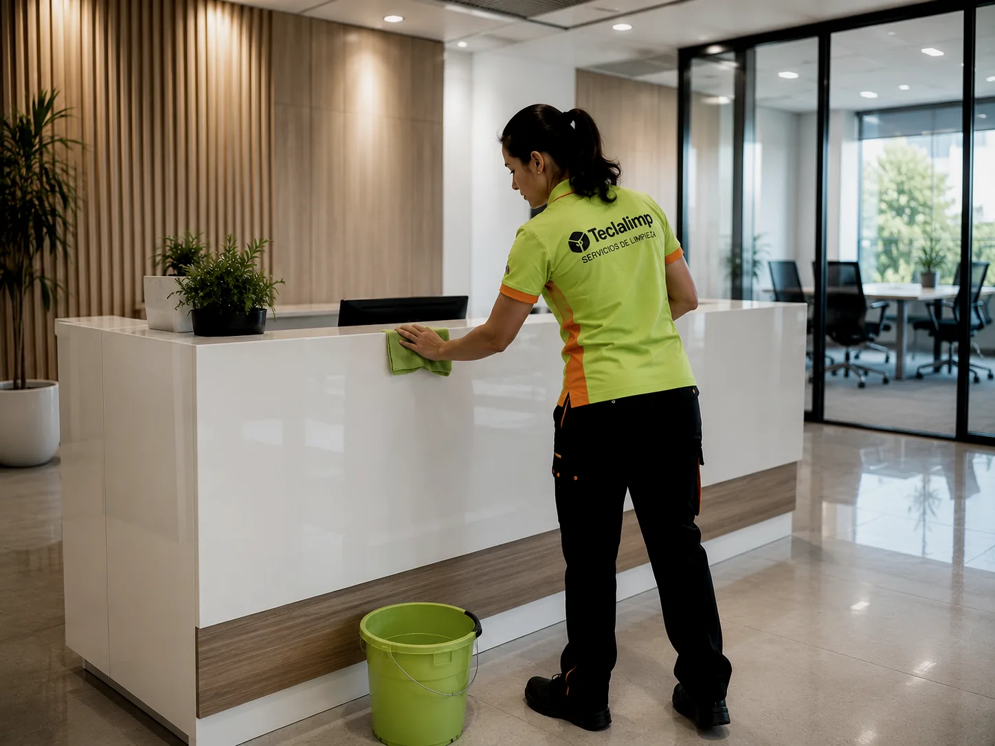 Personal de Teclalimp limpiando el mostrador de recepción de una oficina en Barcelona