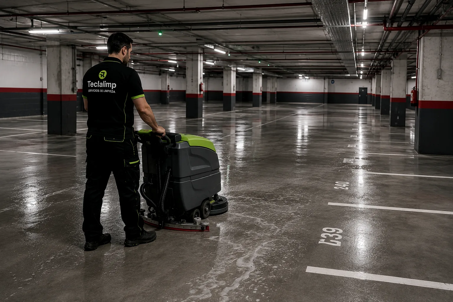 Personal de Teclalimp fregando el suelo de un parking con autofregadora en Barcelona