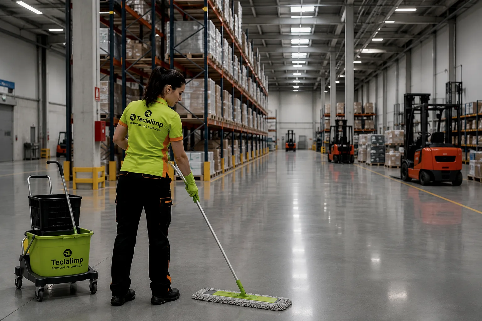 Personal de Teclalimp fregando el suelo de una nave industrial en Barcelona