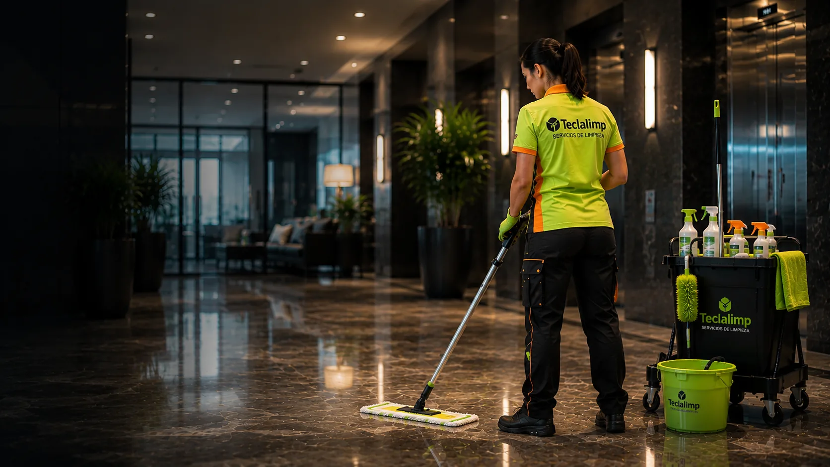 Personal de Teclalimp limpiando el hall de un edificio en Barcelona