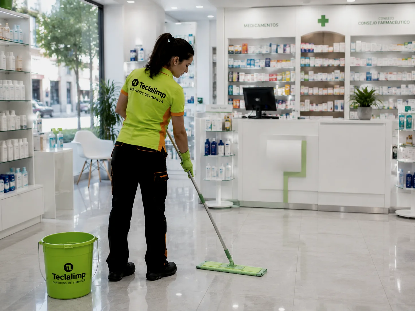 Personal de Teclalimp fregando el suelo de la zona de venta de una farmacia en Barcelona